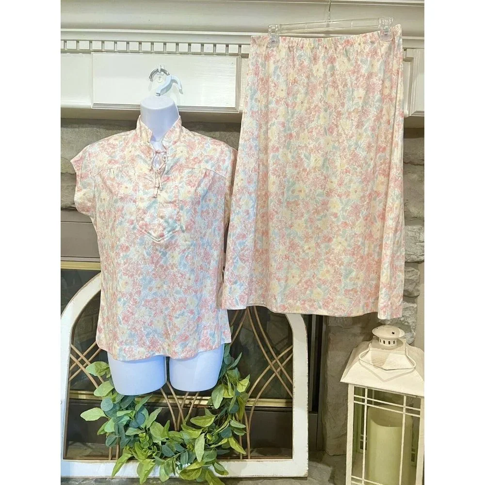 Vtg 70s 80s Liberty Floral Matching‎ Skirt & Top Sz M/L Pastel Cottagecore